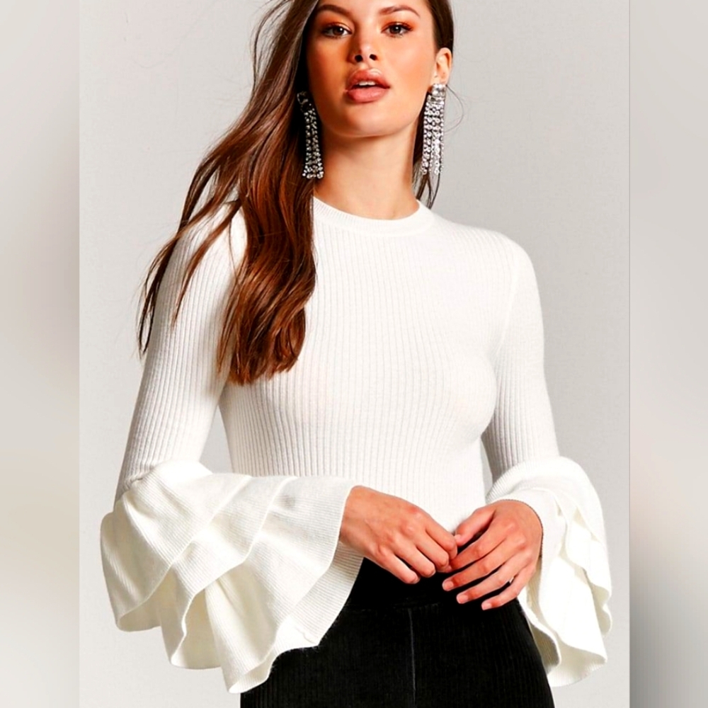 Forever 21 White Tiered Bell Sleeve Top XS